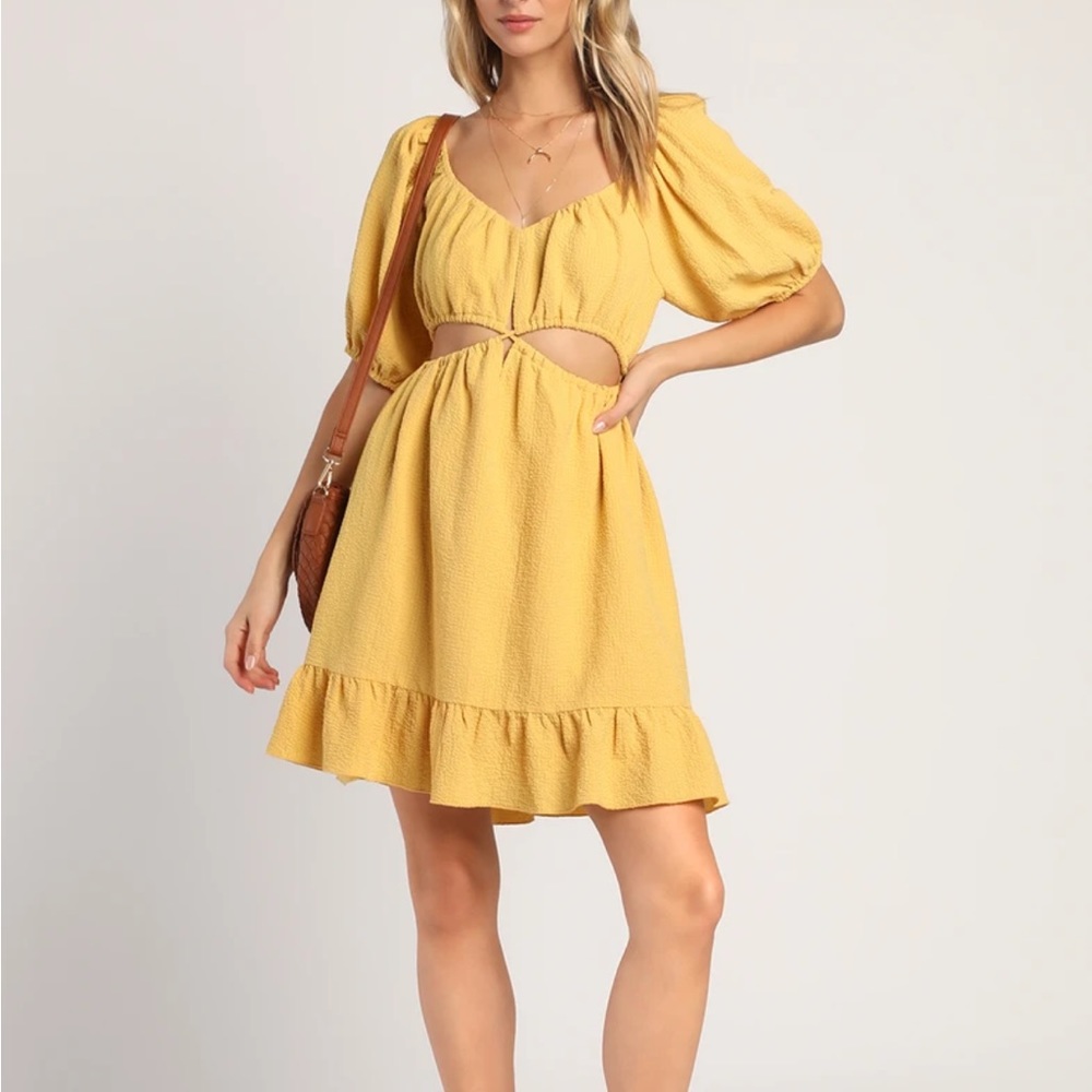 Lulu’s Aura Yellow Puff Sleeve V-Neck Cutout Mini Dress